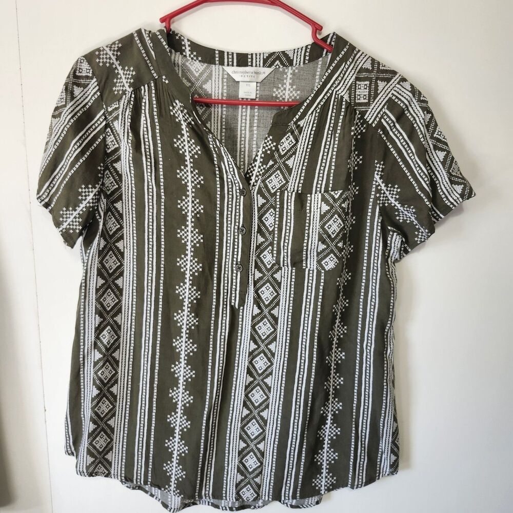 Christopher & Banks Olive Boho Aztec Blouse PS Rayon Short Sleeve Desert